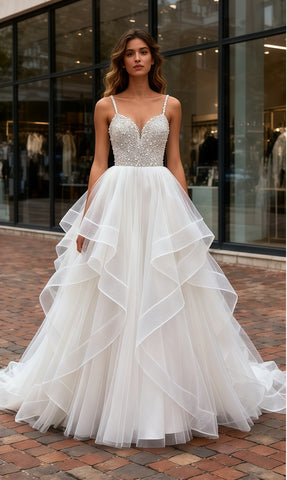 Beading A Line Ruffles Spaghetti Straps Tulle Wedding Dress