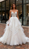 Beading A Line Ruffles Tulle Spaghetti Straps Wedding Dress