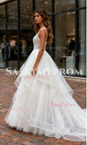 Beading A Line Ruffles Spaghetti Straps Tulle Wedding Dress