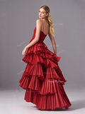 Red Tulle Layers A Line Spaghetti Straps Prom Dress With Slit