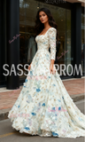 Square A Line Floral White Long Sleeve Prom Dress