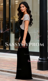 Short Sleeve Beading Trumpet Mermaid Black Prom Dress