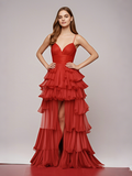 Red Tulle Layers A Line Spaghetti Straps Prom Dress With Slit