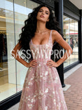 Tulle V Neck Sleeveless A Line Pink Flower Prom Dress
