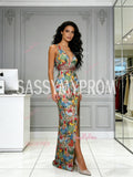 V Neck Floral Trumpet Mermaid Sleeveless Prom Dress With Slit