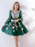 Flowers Short Mini Green Long Sleeve Homecoming Dress