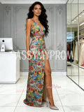 V Neck Floral Trumpet Mermaid Sleeveless Prom Dress With Slit