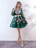 Flowers Short Mini Green Long Sleeve Homecoming Dress