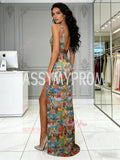 V Neck Floral Trumpet Mermaid Sleeveless Prom Dress With Slit