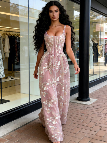 Tulle V Neck Sleeveless A Line Pink Flower Prom Dress