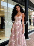 Tulle V Neck Sleeveless A Line Pink Flower Prom Dress