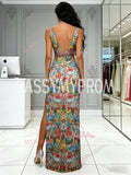 V Neck Floral Trumpet Mermaid Sleeveless Prom Dress With Slit