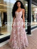 Tulle V Neck Sleeveless A Line Pink Flower Prom Dress