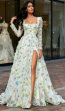 Long Sleeves Square A Line Floral Green Prom Dress With Slit