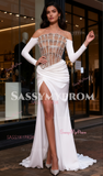 White Long Sleeves Strapless Beading Mermaid Prom Dress