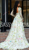 Long Sleeves Square A Line Floral Green Prom Dress With Slit