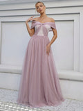 Pink Tulle Off The Shoulder Appliques Prom Dress