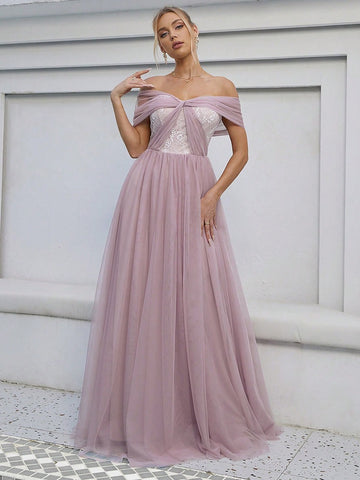 Pink Tulle Off The Shoulder Appliques Prom Dress