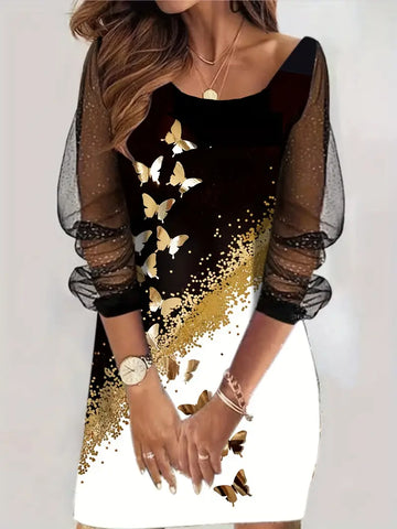 Casual Crew Neck Long Sleeve Sequin Butterfly Dress