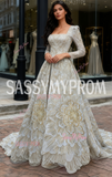 Square A Line Sequin Long Sleeve Flower Prom Dress