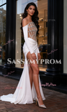 White Long Sleeves Strapless Beading Mermaid Prom Dress