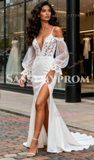 Long Sleeve Cold Shoulder Trumpet Mermaid Chiffon Wedding Dress