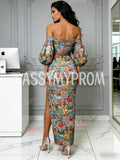 Off The Shoulder Puffy Sleeve Trumpet Mermaid Floral Prom Dress