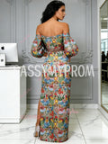 Off The Shoulder Puffy Sleeve Trumpet Mermaid Floral Prom Dress