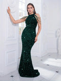Halter Sequin Tassl Green Sparkle Evening Party Dress