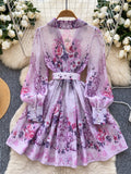 Puffed Sleeves Purple Floral Jacquard Dress