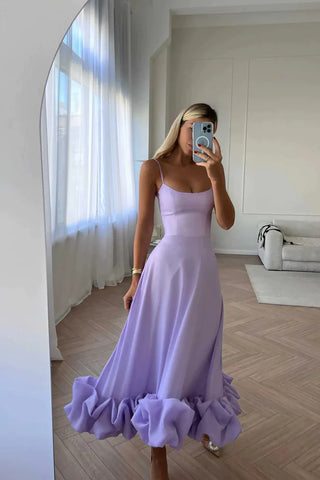 Spaghetti Straps A Line Purple Ankle-length Prom Dress
