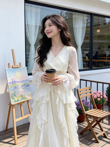 white ruffle long sleeve dress White Ruffle Long Sleeve Dress White (Without Plaid) / L