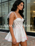 Short Mini White Sequin Tulle Sparkle Straps Prom Dress