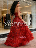 Feather A Line Sparkle Red Strapless Prom Dress