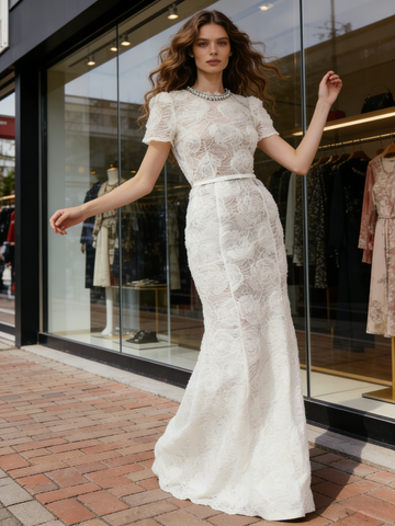 Lace Flower White Beading Trumpet Mermaid Prom Dress