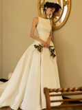 A Line Backless Scoop Satin Wedding Dress