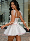 Short Mini White Sequin Tulle Sparkle Straps Prom Dress