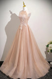 Tulle Halter A Line Beading Long Pink Prom Dress