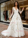Long Sleeve Embroidery White Tulle V Neck Prom Dress