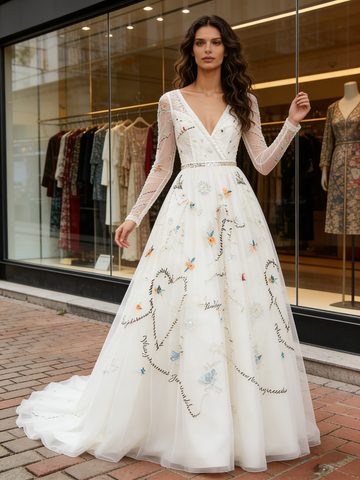 Long Sleeve Embroidery White Tulle V Neck Prom Dress