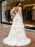 Long Sleeve Embroidery White Tulle V Neck Prom Dress