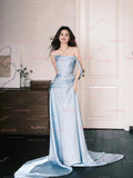 Elastic Satin A Line Strapless Light Blue Prom Dress