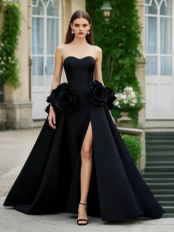 A Line Flower Satin Sweetheart Prom Dress With Slit