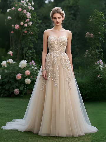 A Line Appliques Sweetheart Champagne Tulle Prom Dress