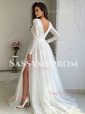 V Neck Tulle Long Sleeve Ruched A Line Wedding Dress With Slit