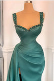 Crystal Embellished Straps High-Slit Emerald Prom Dress