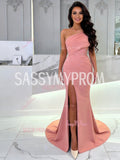 One Shoulder Pink Satin Trumpet Mermaid Prom Dress With Slit