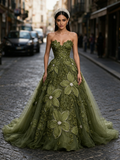 Tulle Sweetheart Rose Pearls Olive Green Prom Dress