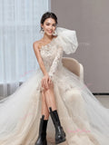 Long Sleeve High Low Champange Lace Wedding Dress