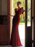 Trumpet Mermaid Tie Shoulder Burgundy V neck Prom Dress